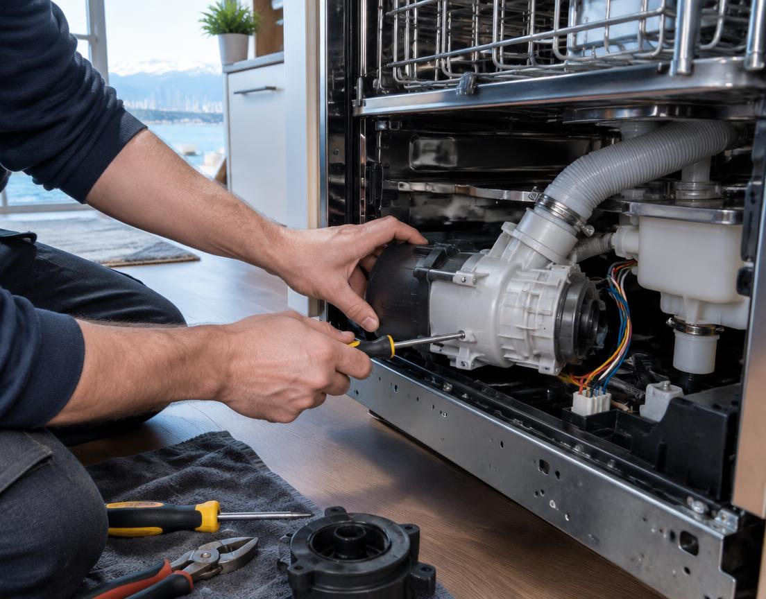 Technician repairing a dishwasher pump