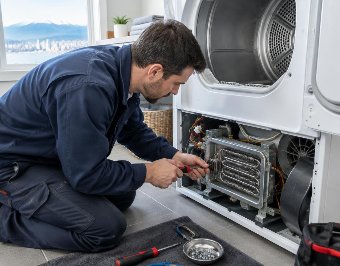 Technician inspecting a dryer heating assembly