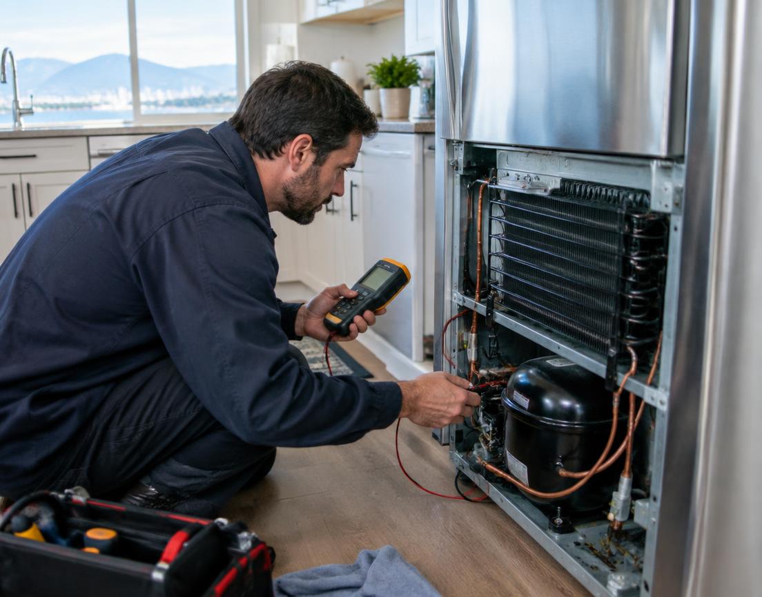 Technician diagnosing refrigerator cooling components