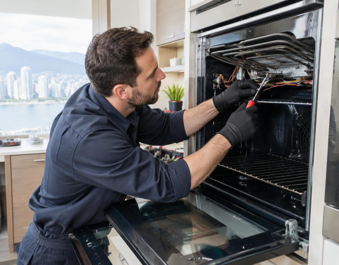 Technician repairing an oven heating assembly